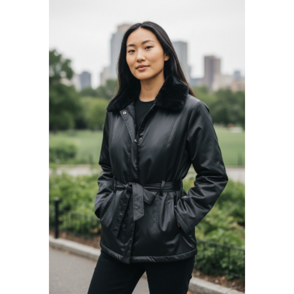 4572)Giacca Gallery Black Faux Leather with Faux Fur Collar Belted Coat Large
